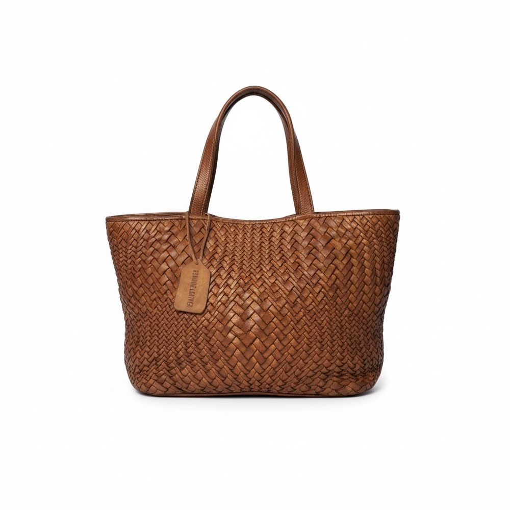 Bottega Style Woven Genuine Leather Tote Bag Brown Leather Shoulder Tote - Picture 9 of 10